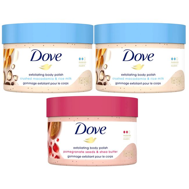 Dove Exfoliating Body Scrub 2 Macadamia &Rice Milk, & 1 Pomegranate &Shea Butter