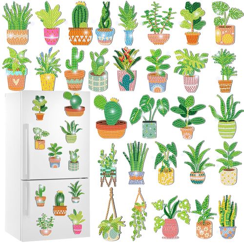 Xuhal 30 Pcs Potted Plants Diamond Painting Magnets Spring Diamond Art Magnet Kits for Adults Green Plants Refrigerator Magnetic Sticker 5d Rhinestone Fridge Stickers for DIY Crafts Spring Gifts