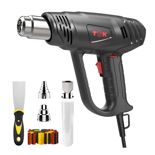 Heat Gun, TGK® 1800W Heavy Duty Hot Air Gun Kit 122℉~1202℉ Dual Temperature Settings with 6 Nozzle Attachments Overload Protection for Crafts, Shrink Wrapping/Tubing, Paint Removing, Epoxy Resin