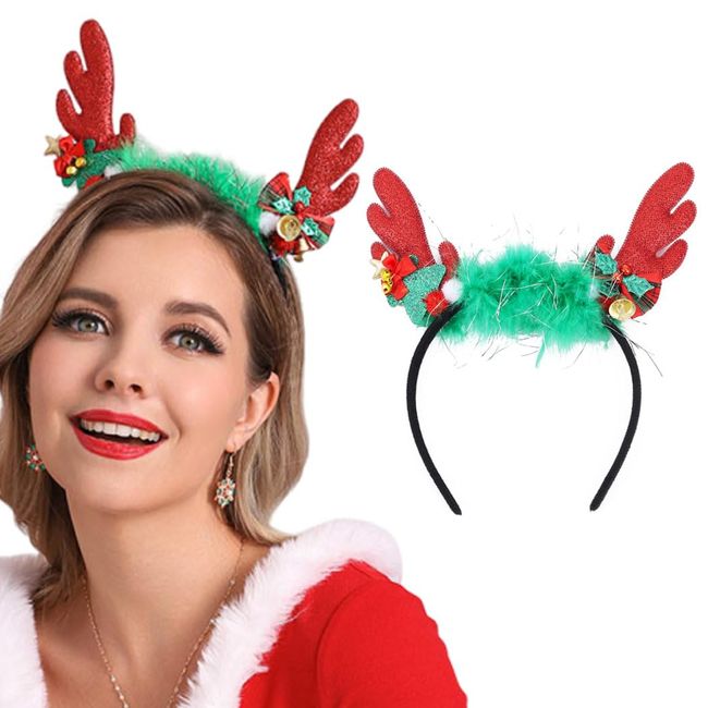 Zoestar Weihnachts-Hirsch-Stirnband, Geweih, Haarteil, Glocken, Weihnachtsbäume, dekorative Kopfbedeckungen, Neujahr, Kopfbedeckung, Haarschmuck für Frauen und Mädchen, 1 Stück