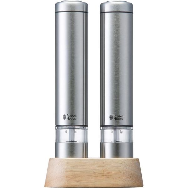 Russell Hobbs 7933JP Electric Mill, Salt & Pepper, Rock Salt, Pepper, Spice, Adjustable Coarseness, Set of 2, Mini Size, Silver