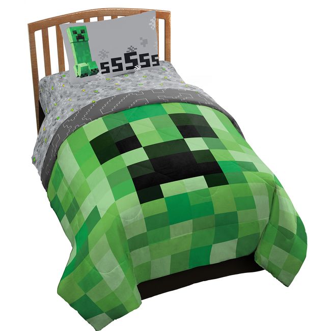 Minecraft Creeper 5 Piece Full Bed Set - Includes Reversible Comforter & Sheet Set - Super Soft Fade Resistant Microfiber - (Official Minecraft Product)