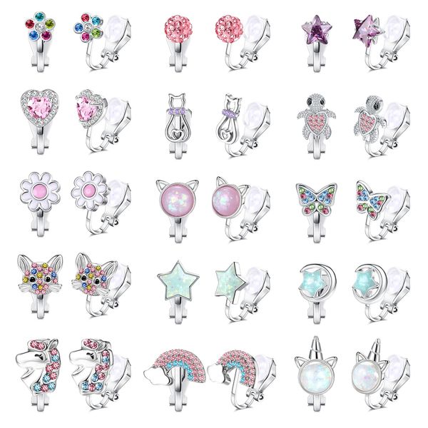 CASSIECA 15 Paar Ohrclips Kinder Mädchen Clip on Ohrringe Ohne Ohrloch Herz Stern Blumen Regenbogen Schildkröten Niedlich Rosa Hypoallergene Ohrclips für Ohne Ohrlöcher Schmuck für Kinder Mädchen