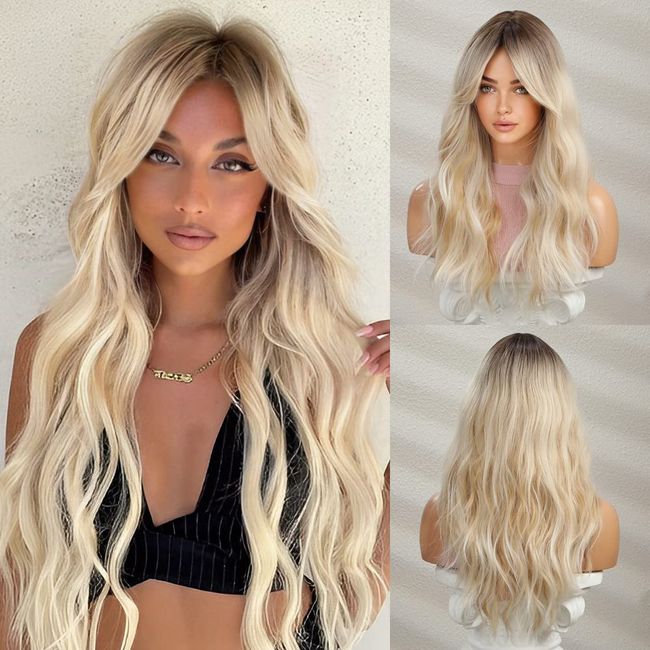 MAGQOO Blonde Wig for Women Long Curly Wavy Ombre Blonde Wigs Dark Roots Two Tones Synthetic Heat Resistant