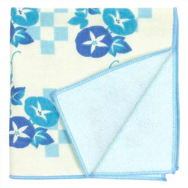 Hamamonyo Washed Towel Handkerchief, Checkered Morning Glory, Blue