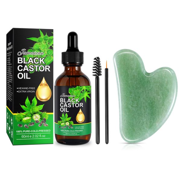 Jamaican Black Castor Oil Pack, Organic Castor Oil with Gua Sha Tool for Face Body Massage, Cold-Pressed Castor Body Oil Moisturize Skin Stimulate Hair Regrowth, Therapeutic Grade Massage Oil Kit 60ml