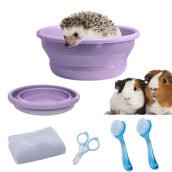 JSLZF Hedgehog Supplies Hedgehog Bath Kit Plastic Foldable Hedgehog Bathtub, Hedgehog Nail Clippers, 2PCS Bathing Brush, Bath Towel, Pet Guinea Pig Bath for Small Animal