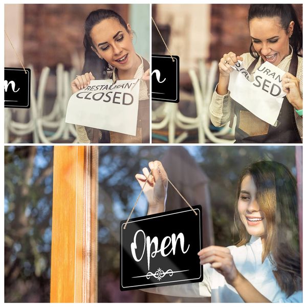 CARGEN Open Signs Double Sided Open Closed Sign Business Hours Sign Hanging Business Open Sign with Rope Hours of Operation Sign for Business Walls Window Shop Bar Hotel (black)