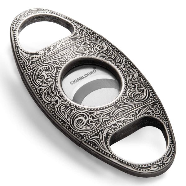 CIGARLOONG Cigar Cutter Stainless Steel Bronze Engraved Double Cut Blade (Color:Silver1)