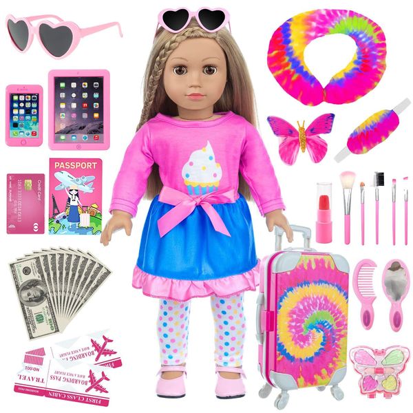 UZIDBTO American 18 Inch Doll Accessories - 18" Doll Clothes with Travel Suitcase and Pretend Makeup Kit for Kids Includes Luggage, Sunglasses, Phone, Hair Clip and Makeup Set