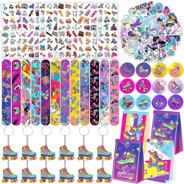 YYMYMGJ 110PCS Roller Skate Party Favors with Slap Bracelets, Stickers, Key Chains, Pin Badges, Tattoos and Gift Bags for Kids Throwback 90s Hip Hop Roller Skating Birthday Party Decorations Supplies