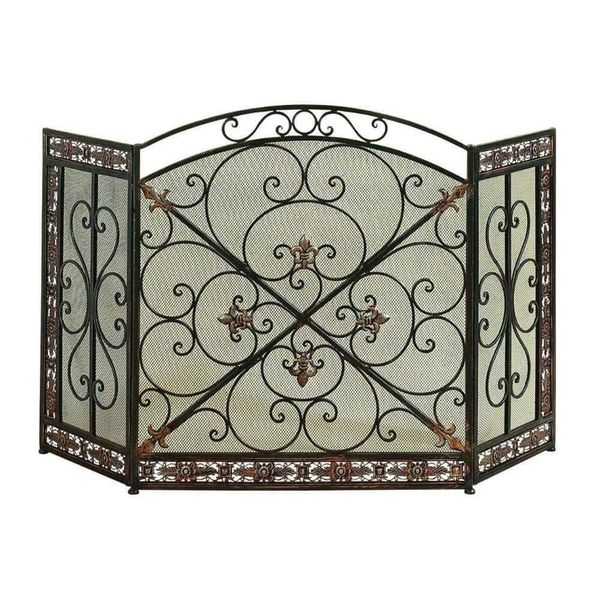 Benzara Fireplace Screen 3-Panel+Metal+Filigree Design+Mesh Detailing Black