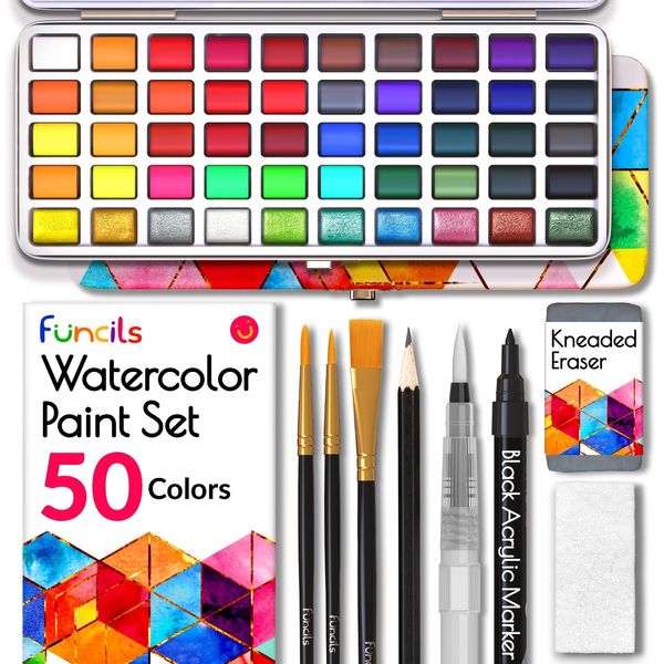 Funcils Watercolour Paint Set - Water Colour Paints Sets for Adults, Beginners | 50 Artist Quality Professional Watercolour Paints - Travel Watercolour Set, Painting Art Supplies, Kids Paint Set