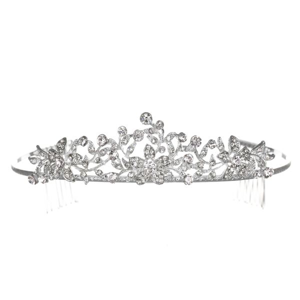 Flower Leaf Bridal Wedding Tiara Crown - Clear Crystals Silver Plating T627