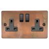 Flat Tarnished Copper Double Socket (Black Switch) - FTC10B