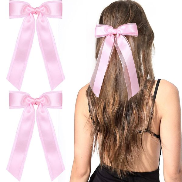 VOBOBE 2PCS Hair Bows for Women Girls Pink Tulle Hair Ribbon with Long Tail Satin Silk Hair Bow Hair Accessories Toddlers Teens Kids (Pink)