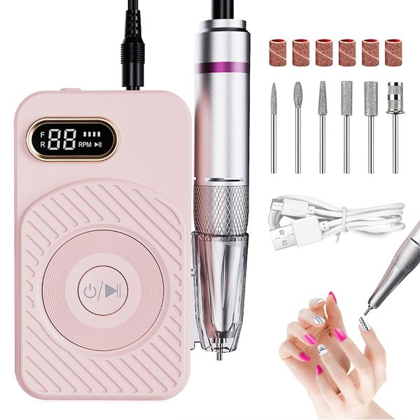 Yasterd Electric Nail Drill, Portable Rechargeable 45000RPM Electric Nail File Machine Professional for Acrylic Gel Nails Polishing Removing, Cordless Efile with Drill Bits Kit for Manicure Salon Home