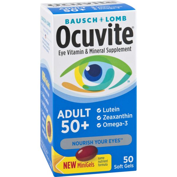 Ocuvite Eye Vitamin & Mineral Supplement, Contains Zinc, Vitamins C, E, Omega 3, Lutein, & Zeaxanthin, Bausch & Lomb Ocuvite Adult 50+ Eye Vitamin & Mineral Softgels, 50 Count