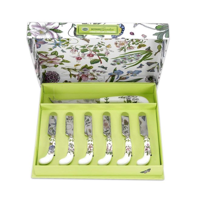 Portmeirion Botanic Garden Cheese Knife and Spreader Set | Cheese Knife and Set of 6 Spreaders | Floral Design | Made from Stainless Steel with Porcelain Handles