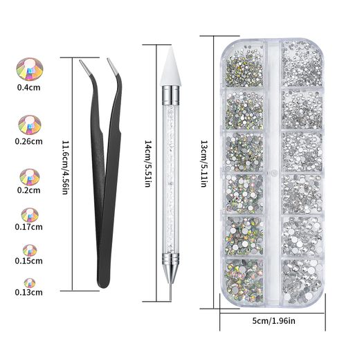 Nail Art Rhinestones, Nail Gems, Flat Back Nail Art Crystals, AB Shiny Nail Crystals Gems with Rhinestone Picker Dotting Pen and Pick Up Tweezers, for Nail Art, Face, Teeth, DIY Crafts