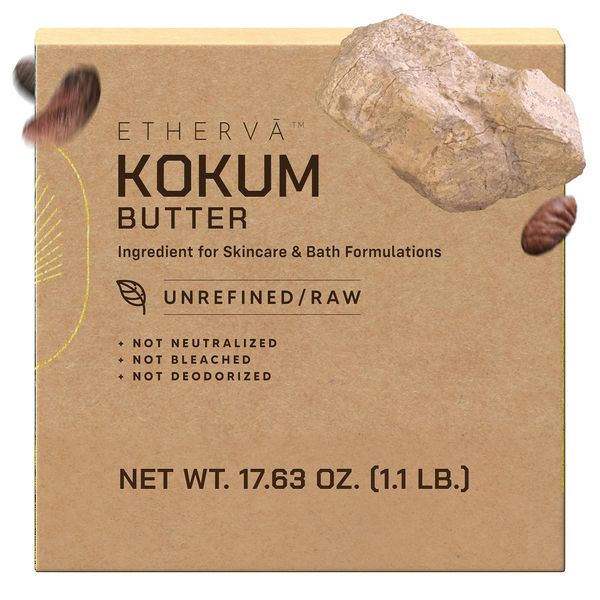 ETHERVA Raw Kokum Butter | Unrefined, Non-Deodorized, Unbleached | Wild Grown Organic Seeds | Bulk DIY Soap Making | Moisturizer for Skin, Body & Hair | Fatty Acids, Antioxidants | 1.1 lb