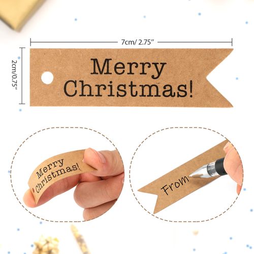 Merry Christmas Labels Tags, 100 PCS Kraft Paper Labels, 2 x7 cm Hanging Decoration Tags with Jute Twine