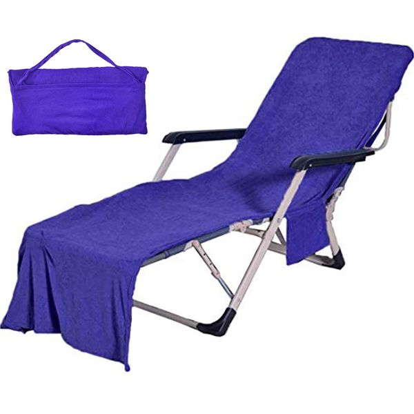 WiseHome Chaise Lounge Pool Chair Cover Beach Towel Terry Cloth Fitted Pocket 83" L x 30" W (Dark Blue)