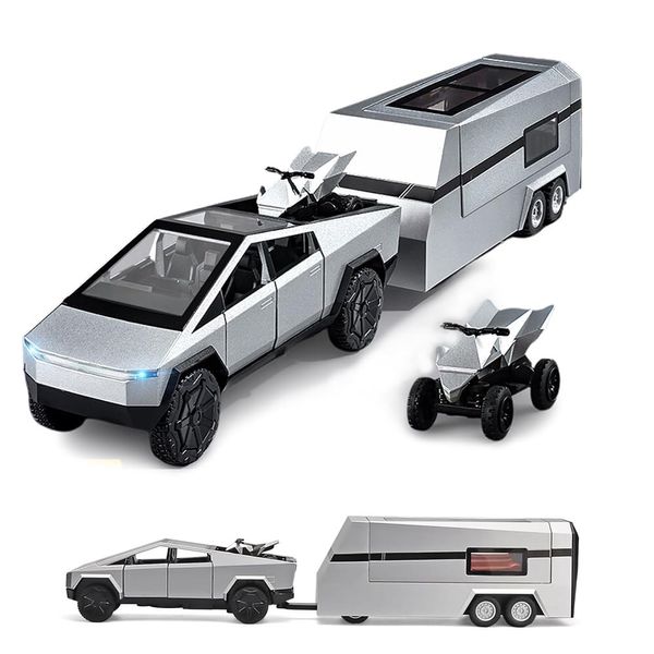 1/32 Toy Trucks with RV Motor for Kids Adults Gift, Alloy Metal Pickup Trailer RV Model Toy Truck, Diecast Truck Model Pickup Truck Toy Car with Sound and Light