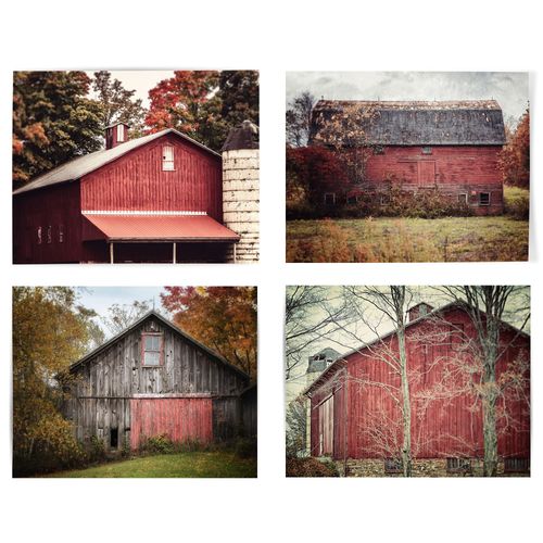 LISA RUSSO FINE ART Red Farmhouse Wall Art Set of 4 SMALL 5x7” Unframed Prints for Country Rustic Home Decor. Red Barn Landscape Pictures For Living Room, Bedroom, Kitchen Artwork