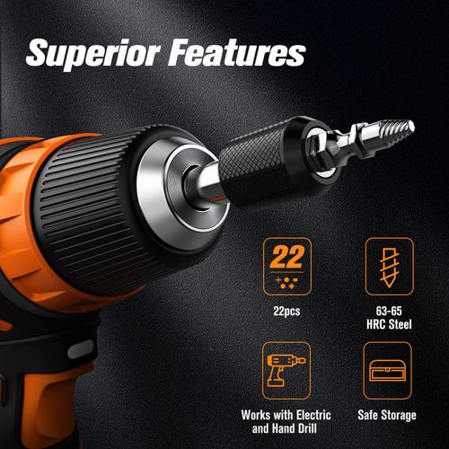 Nuovoware Damaged Screw Extractor Set, 22 PCS Easy Out Stripped Screw Extractor Kit, All-Purpose HSS Broken Screw Remover Set with Magnetic Extension Bit Holder & Socket Adapter