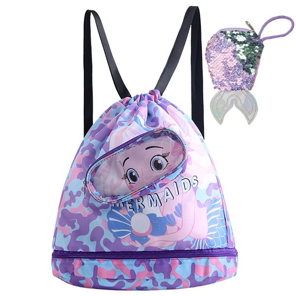 DKDDSSS Drawstring Backpack for Kids, Drawstring Gym Bag, Drawstring Bags for Children, PE Bags for School for Girls, Swimming Bag for Kids, Mermaids Bags for Girls with Shoe Compartment