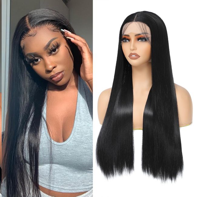 Dmovinse Synthetic Lace Front Wig for Women Straight Hair HD Lace Wigs Pre Plucked wiht Baby Hair 24 Inch Heat Resistans Hair Replacement Wigs for Daily Party Use 180% Density(Natural Black)