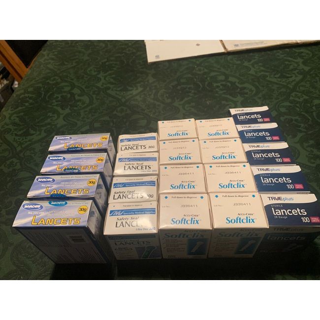 21 boxes ASSORTED Extra Fine 28 and 30 Gauge Lancets IN ORIGINAL BOXES OF 100