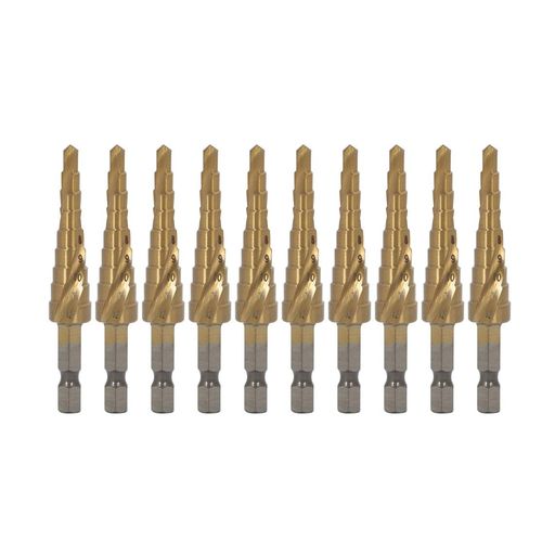 Spiral Step Drill, 0.2 - 0.5 inches (4 - 12 mm), Set of 10, Titanium Coated HSS Steel, Bamboo Shot, Spiral Drill Bit, For Stainless Steel, For Ironworking, 1.3 inches (32 mm), 1.4 inches (35 mm), Hex Shaft, 4 Blades, Blue, Oil, Aluminum, Impact Wrench, Im