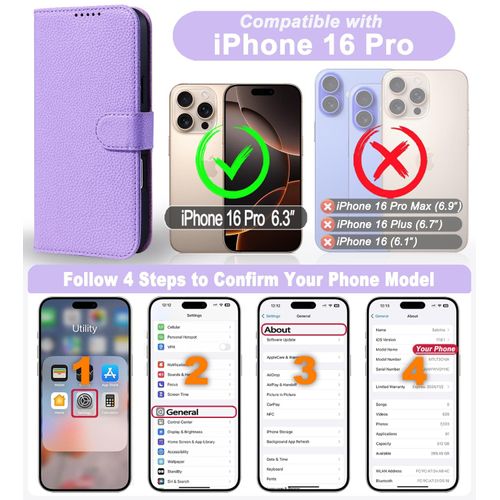 MEFON for iPhone 16 Pro Detachable Wallet Case 2 in 1 Folio Flip Leather Wallet Case with 4 Card Holder [RFID Blocking] [Microfiber Lining] [Wrist Strap] [Lightweight] for Women/Girl (Lilac Purple)