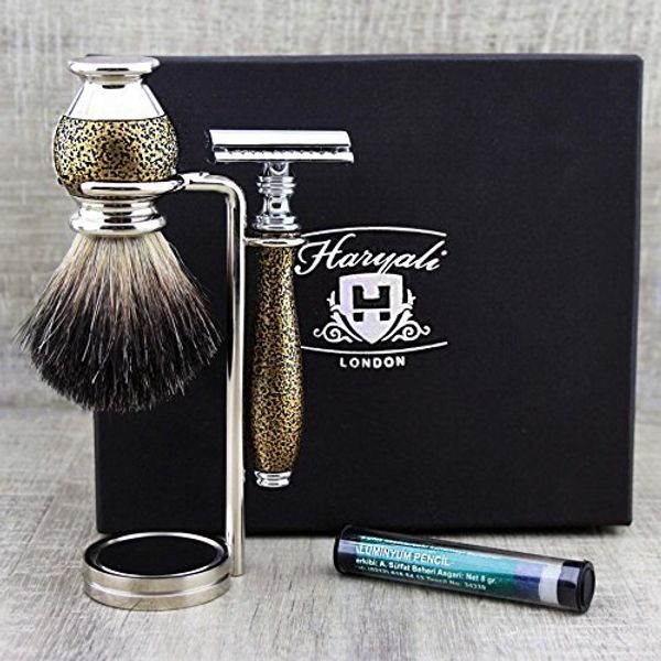 Haryali London Mens Shaving Kit With Double Edge Safety Razor, Black Badger Hair Brush, Stand And Alum Pencil Perfect Set For Men