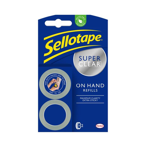 Sellotape On-Hand Refills, Extra Strong Adhesive Tape, Clear Tape Refills for Arts & Crafts, Strong Tape for the On-Hand Tape Dispenser, 18mm x 15m, Pack of 2