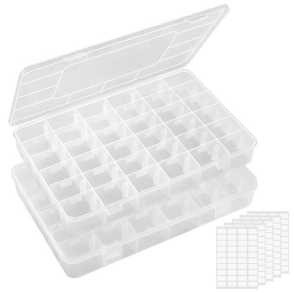 Lifewit 2 Pack 36 Grids Clear Stackable Plastic Organiser Storage Box Container with Adjustable Dividers for Beads, Art DIY, Crafts, Jewelry, Fishing Tackle with 5 Sheet Label Stickers