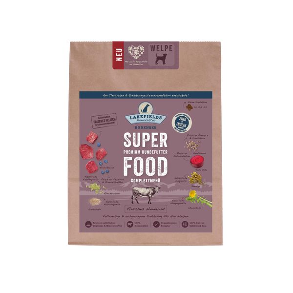 Lakefields - Superfood für Hunde - Premium Welpenfutter trocken, Rind 60%, getreidefreies Hundefutter trocken mit Rindfleisch & Roter Beete, von Tierärzten entwickelt, 1 x 1kg