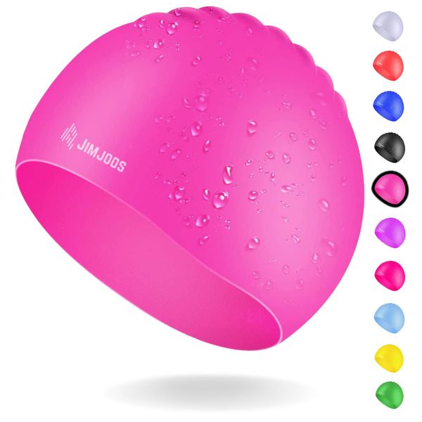 JIMJOOS Waterproof Kids Swimming Cap - 100% Silicone Durable and Odour Free Swim Hat - Stretchable, Anti slip Swim Cap - Swimming Hat for up to 8 Years With Protective Pouch (PINK)