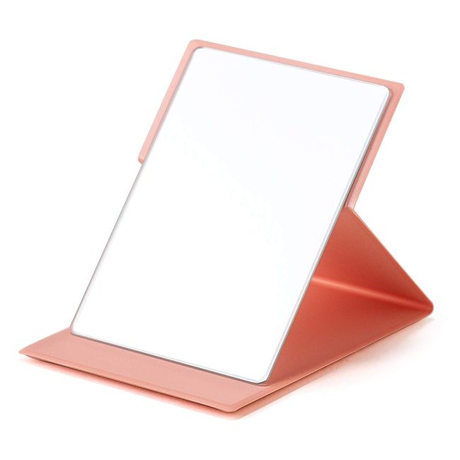 Napure Folding Mirror, Small with Pockets, Salmon Pink, Folding Mirror, Tabletop Mirror, Compact, Slim Makeup Mirror, Reflects Natural Skin Tone, Napure Mirror, Made in Japan