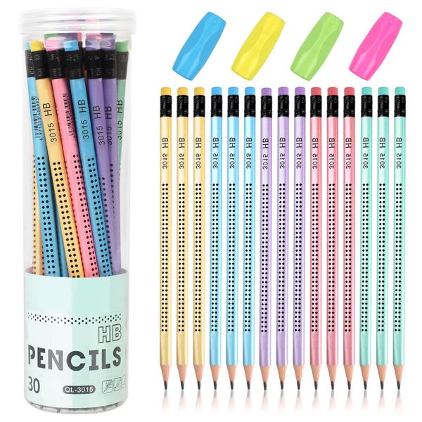 Ailvor HB Pencils, 30pcs Pencils with Rubbers, Presharpened Pencil with 4pcs Pen holders for School Children Handwriting and Drawing