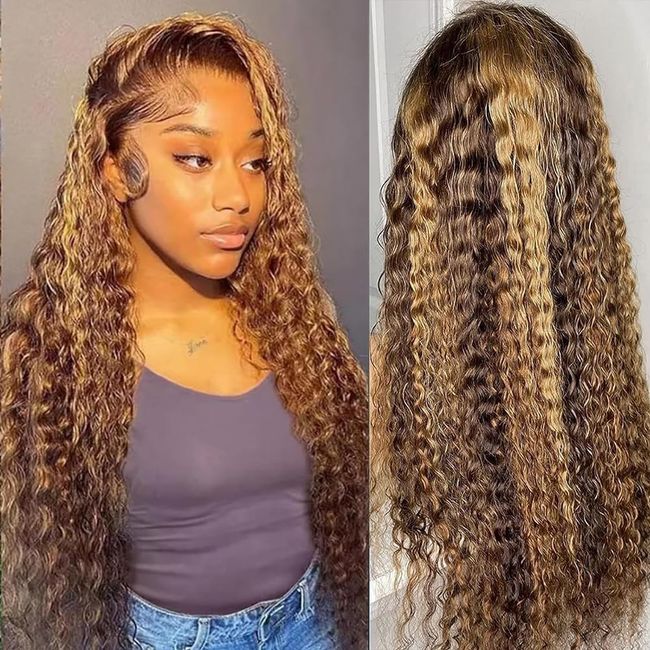 BLOCKICE Highlight Ombre Lace Front Wig Human Hair Wigs for Black Women 4/27 Honey Blonde 13x4 Deep Wave Lace Frontal Wig Pre Plucked 150% Density Deep Curly Glueless Wigs Human Hair 24 Inch