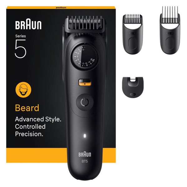 Braun Beard Trimmer Series 5, +4 Accessories, Ultra Sharp Blade, 120 Min Battery Life, 40 Length Settings, Waterproof, Precision Wheel & Lock Button, BT5520, Black
