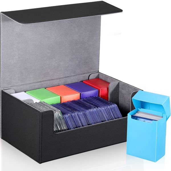 Yexiya 7 Pcs Deck Card Boxes, 1 Leather Deck Storage Box with 6 Plastic Deck Card Cases Playing Cards Box(Black, Gray)