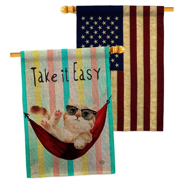 Ornament Collection Take it Easy Burlap House Flag Pack Cat Kitten Meow Spoiled Paw Fur Pet Nature Farm Animal Creature Vintage Applique Banner Small Garden Yard Gift Double-Sided, Made in USA