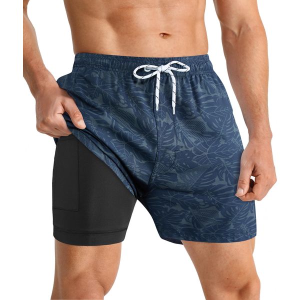 APTRO Herren Badehose Badeshorts Schwimmhose Board Shorts Kurz Schnelltrocknend 2 in 1 Strand Shorts mit InnenhoseBlau MK324 M