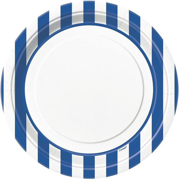 Unique Royal Blue Stripes Round Dinner Paper Plates-9" 8 Pcs