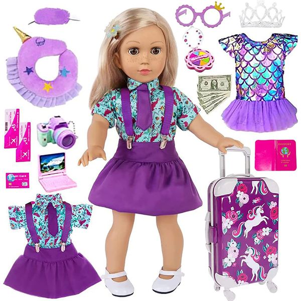 ebuddy 25pc Travel Suitcase Play Set Doll Clothes Dress Accessories for 18 inch Dolls Include Luggage Camera Computer Glasses Pillow (No Doll)