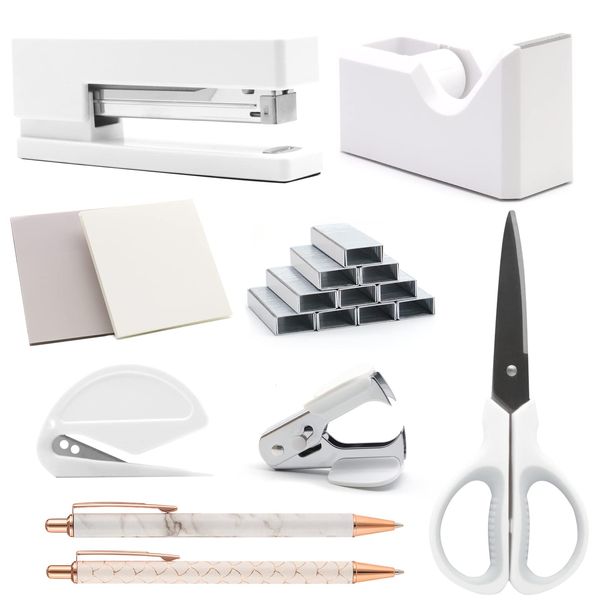 QpenguinBabies White Office Supplies Set, Stapler and Tape Dispenser, Staples, Scissor, Remover, Pens, Notes, Slitter, Manual, Plastic, Office Supplies Set
